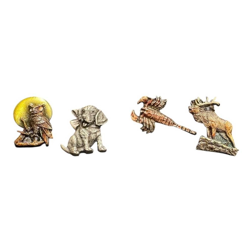 Bergamot VTG 1982 Wildlife Tie Tack Set Owl, Dog, Flying Pheasant, Elk J12
